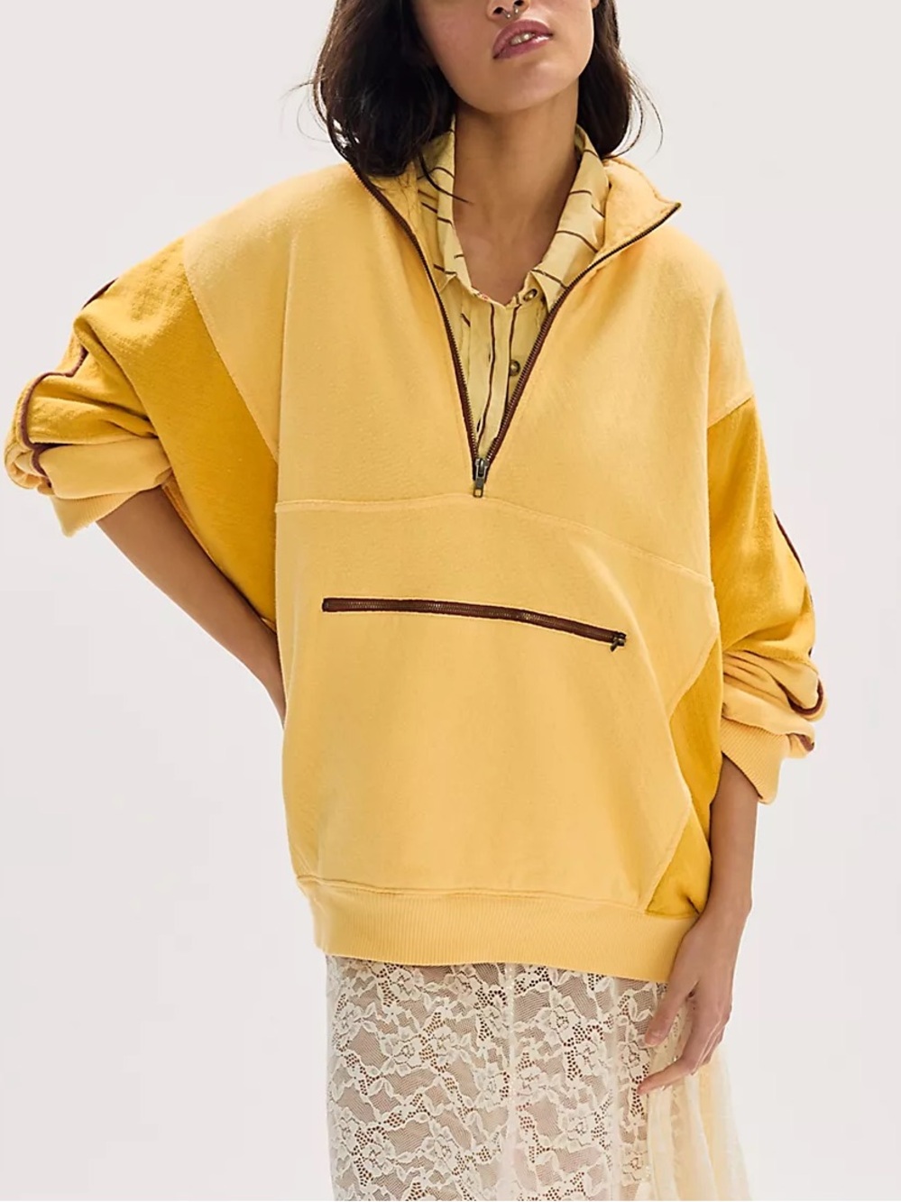 Free People We The Free Charlie Half-Zip Sweatshirt in Hazey Beachy Gold NWT